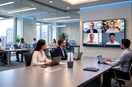 Hybrid meeting  in a modern office using Coolpo Pana  with remote participants on screen.
