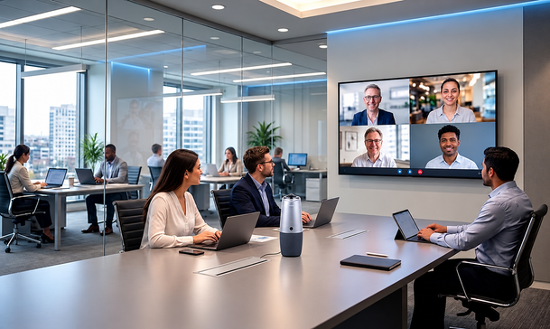 Hybrid meeting  in a modern office using Coolpo Pana  with remote participants on screen.