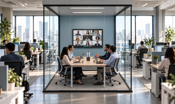 Coolpo Pana in a hybrid meeting room with in-room and remote participants. 
