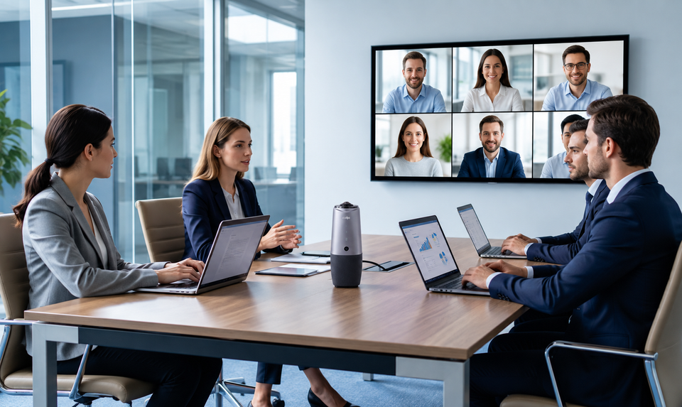 Coolpo PANA 360° camera in a modern hybrid meeting room with remote participants