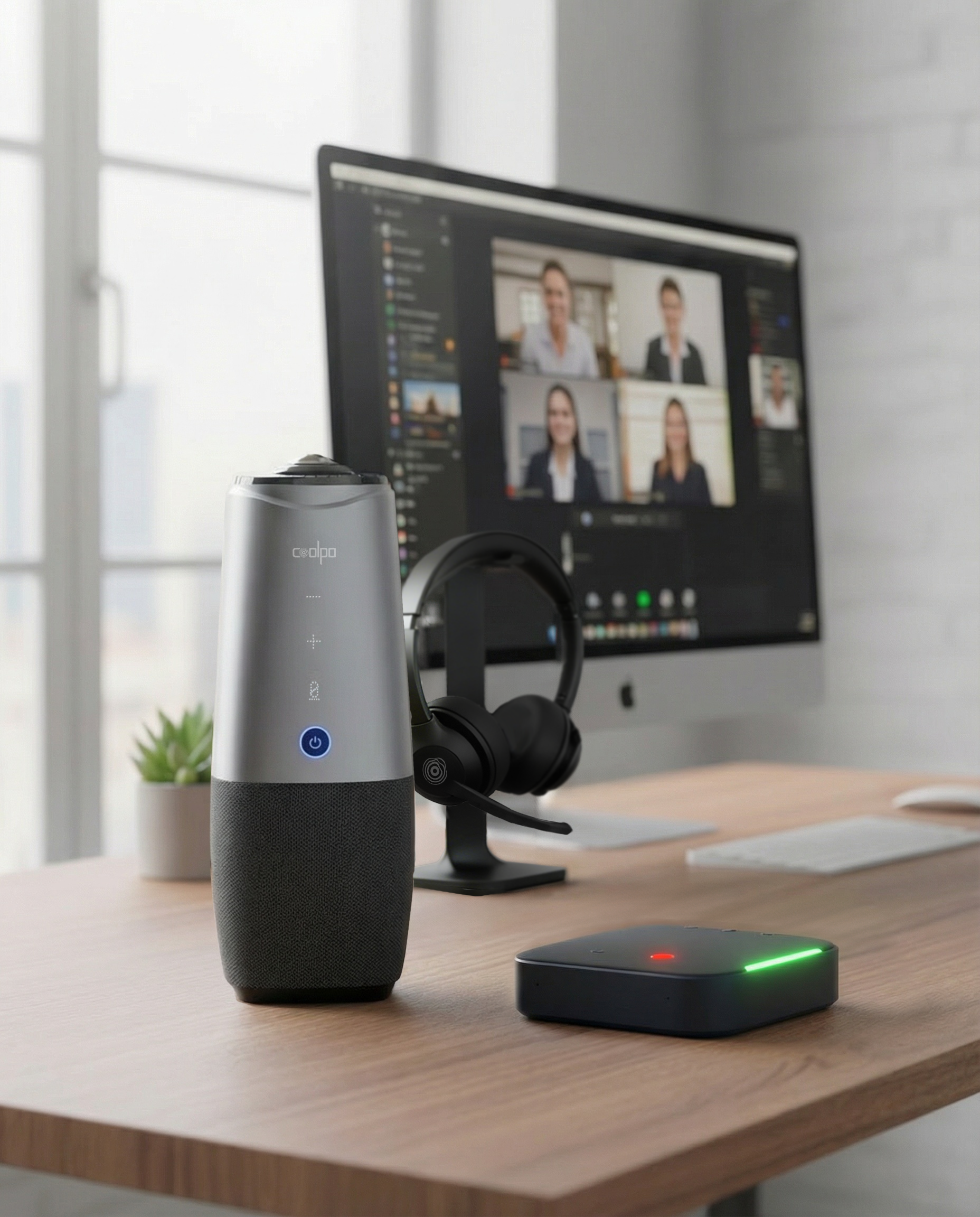 Coolpo AI Huddle PANA, IGNITE Headset and IGNITE Speakphone on a desk during a video call
