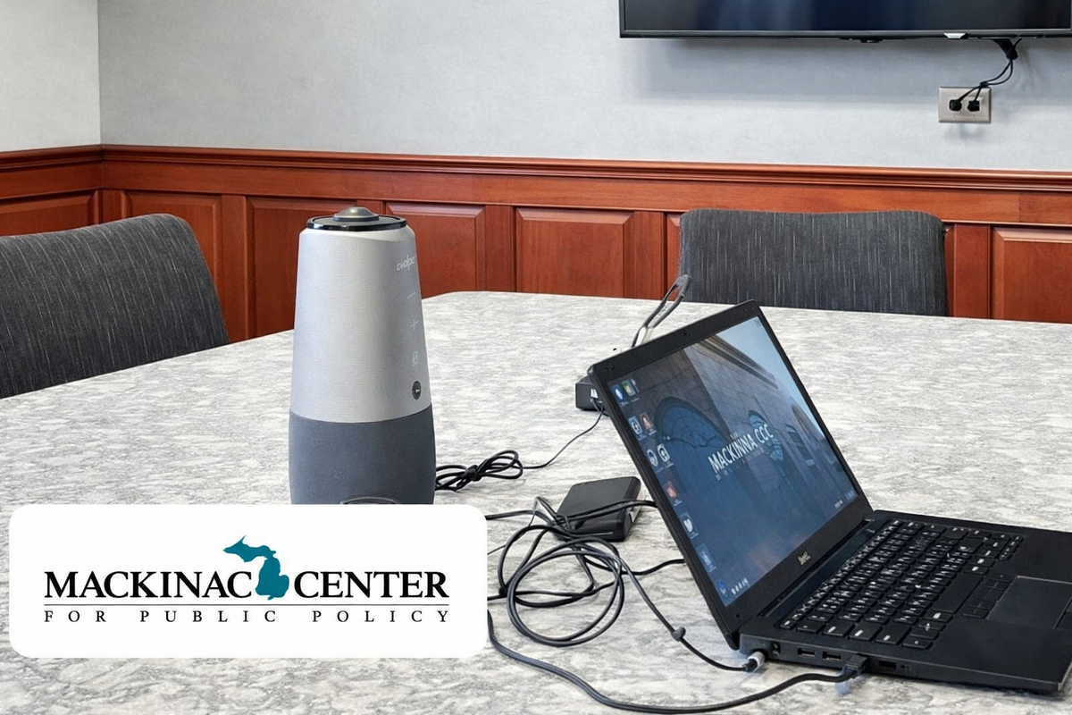 A Coolpo AI Huddle PANA on the boardroom table at the Mackinac Center for Public Policy
