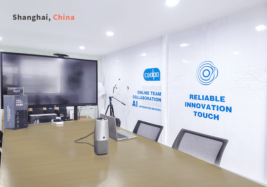 Coolpo's Shanghai office, with an AI Huddle PANA on the meeting room table